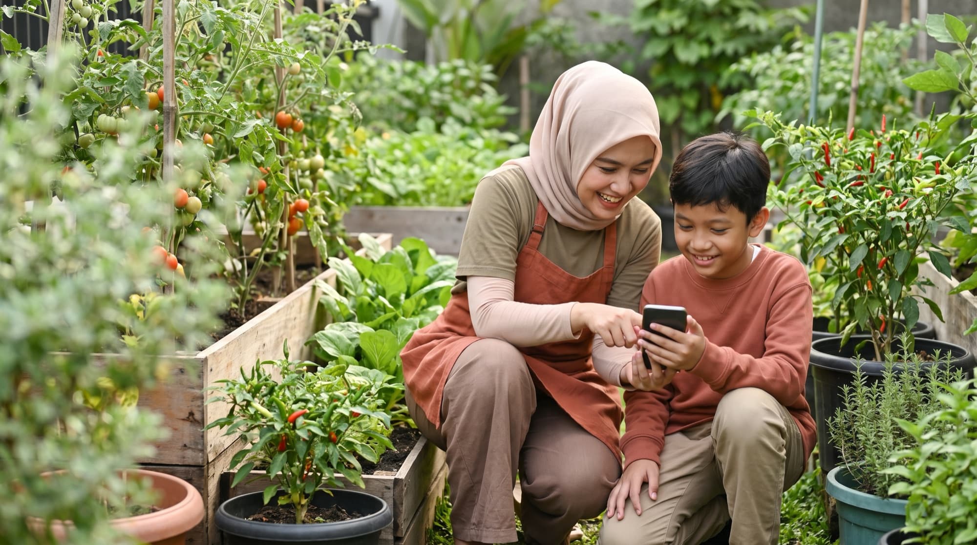 Ibu dan anak berkebun sambil melihat ponsel di kebun sayur